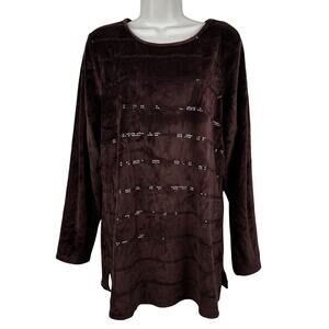 Quacker Factory Blouse Top Velour Velvet Stripe Sequins Long Sleeve Brown L